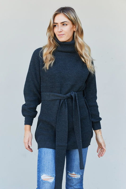 Zenana Turtleneck Raglan Sleeve Belted Tunic Sweater