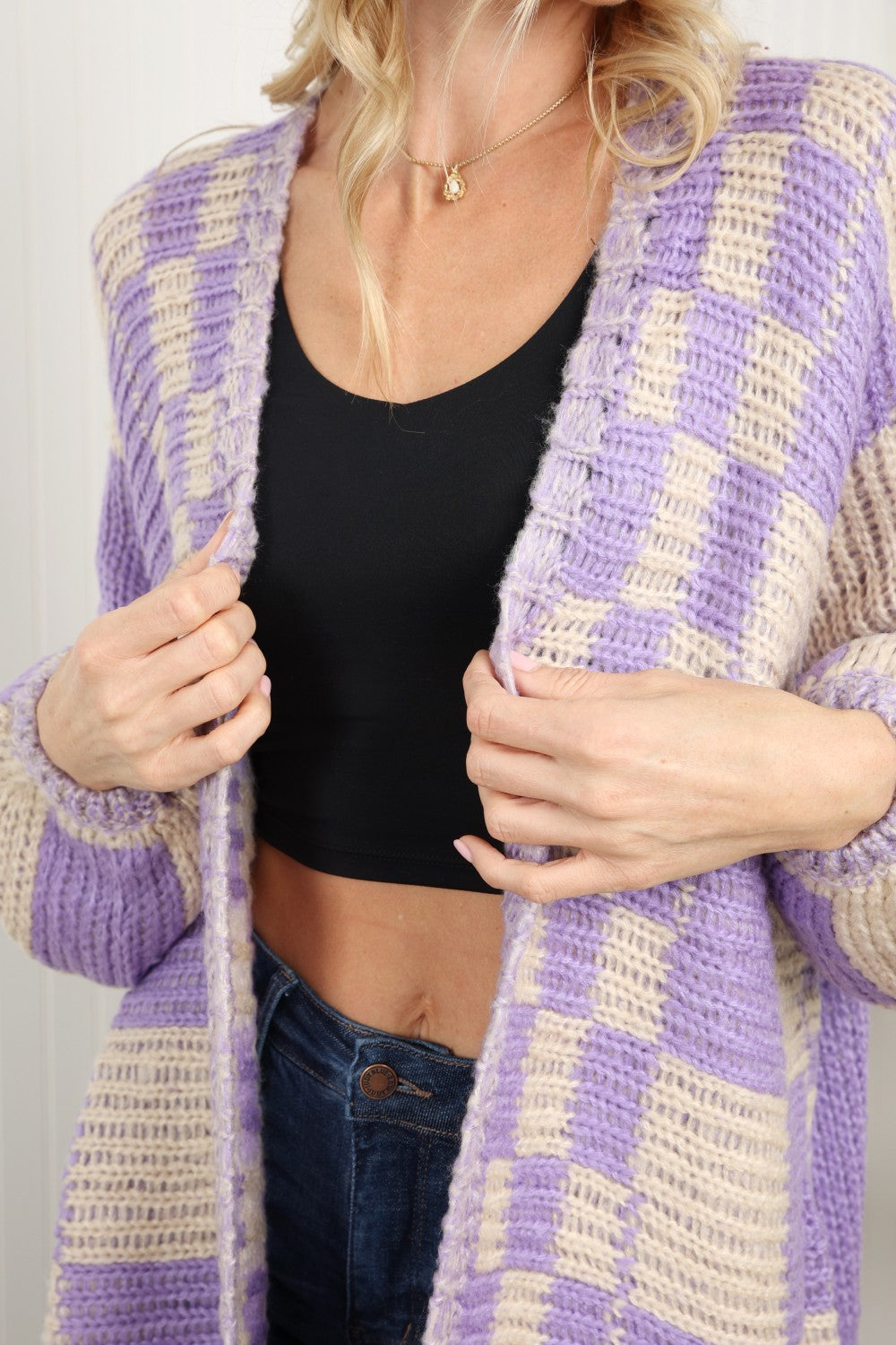 Petal Dew Checkered Open Front Longline Cardigan