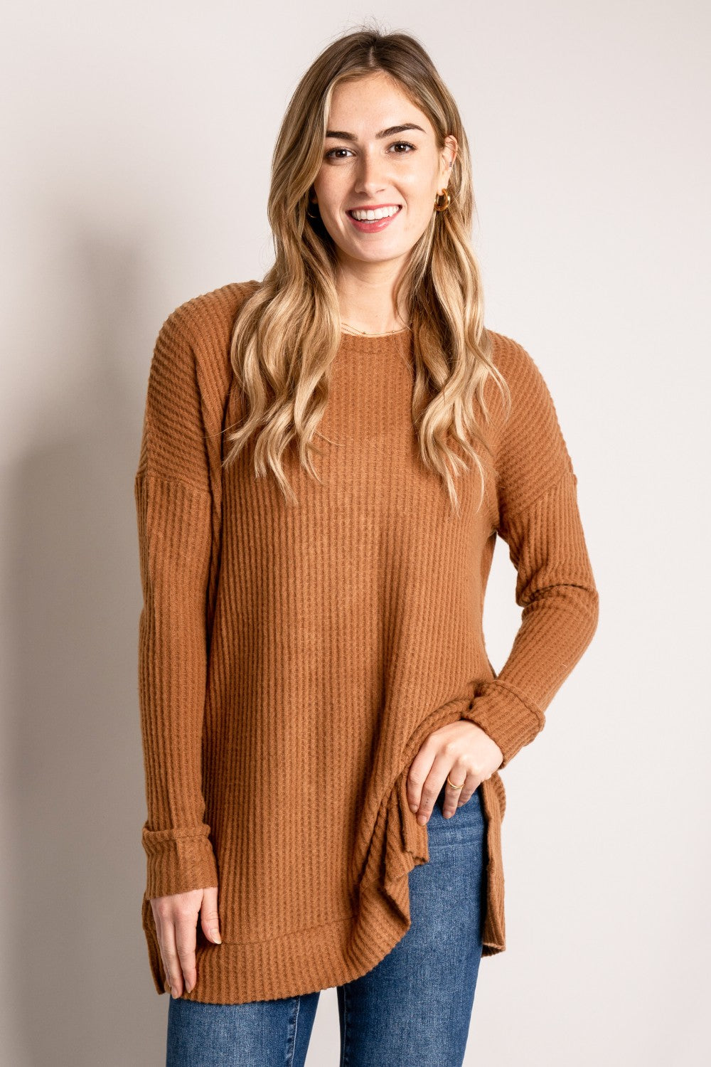 Zenana Full Size Round Neck Waffle-Knit Slit Tunic Sweater