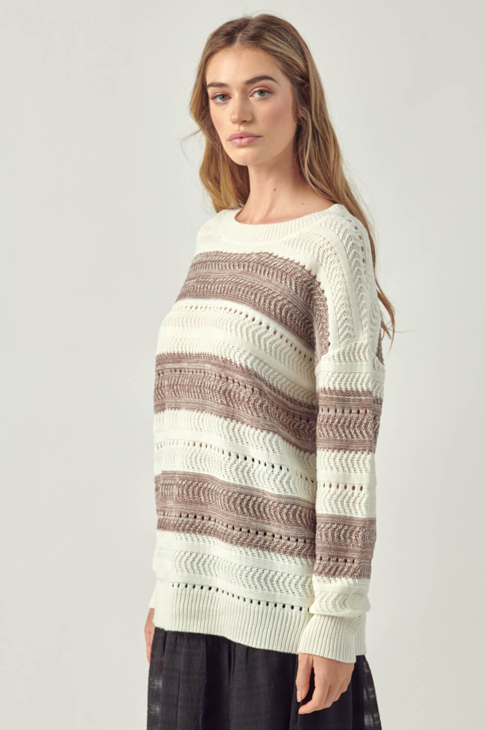 Petal Dew Striped Openwork Drop Shoulder Sweater