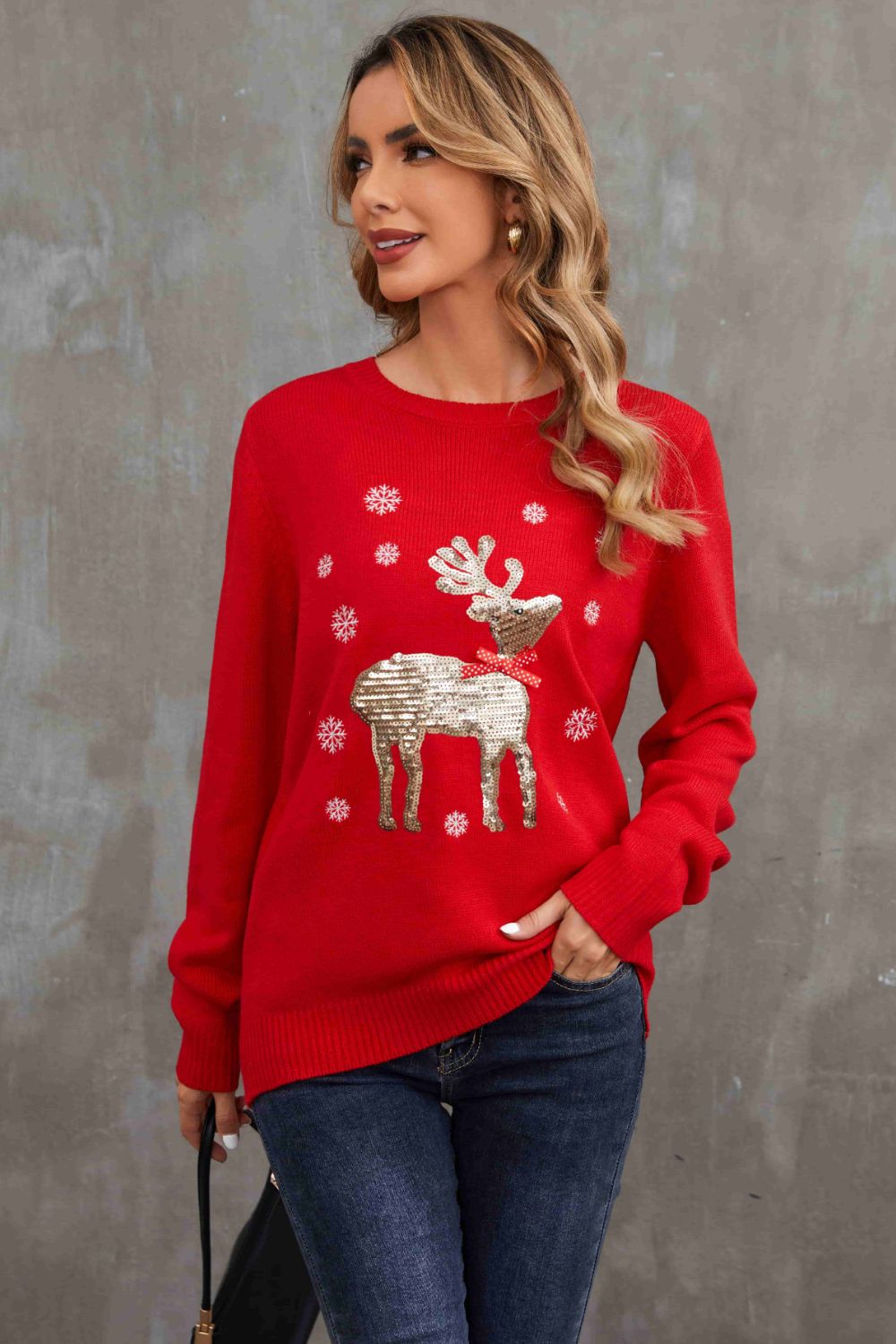 Christmas Sequin Reindeer Graphic Pullover Sweater