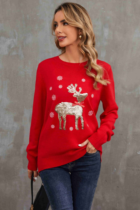 Christmas Sequin Reindeer Graphic Pullover Sweater
