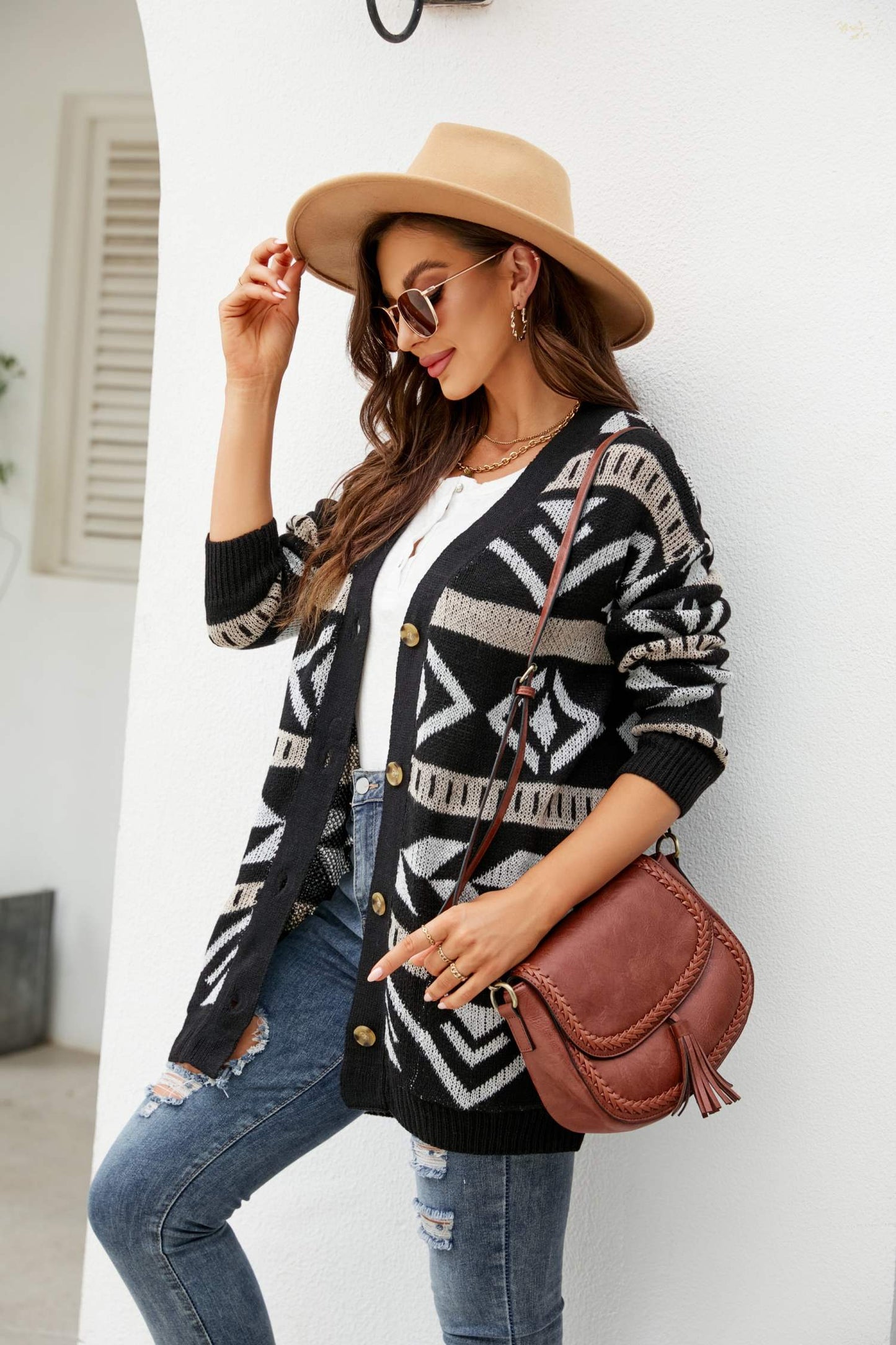 Printed Dropped Shoulder Ribbed Trim Cardigan
