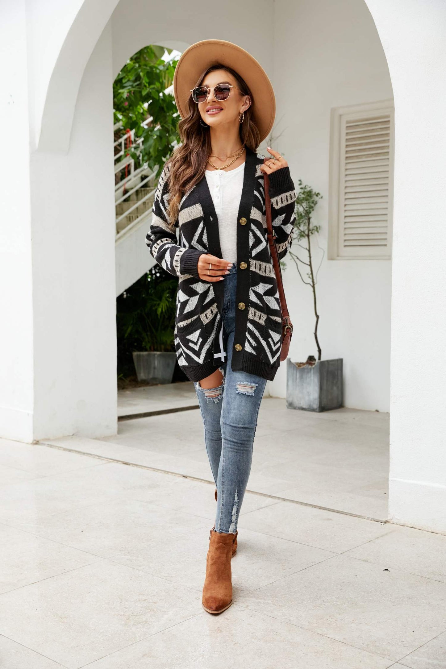 Printed Dropped Shoulder Ribbed Trim Cardigan