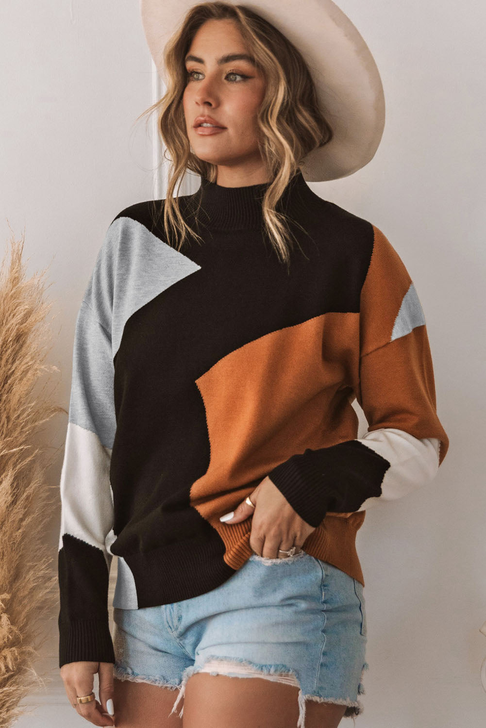 Color Block Mock Neck Drop Shoulder Sweater