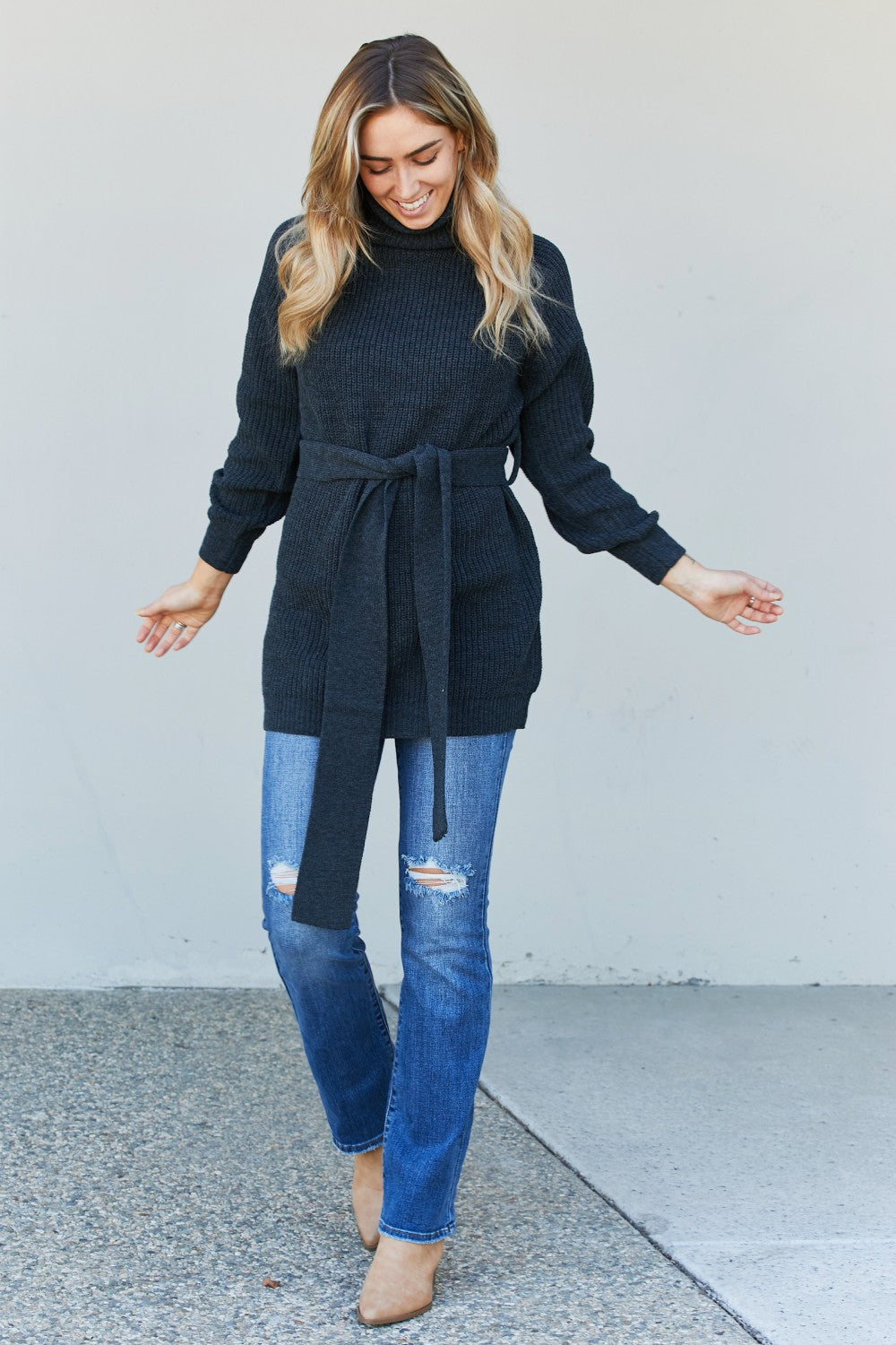 Zenana Turtleneck Raglan Sleeve Belted Tunic Sweater
