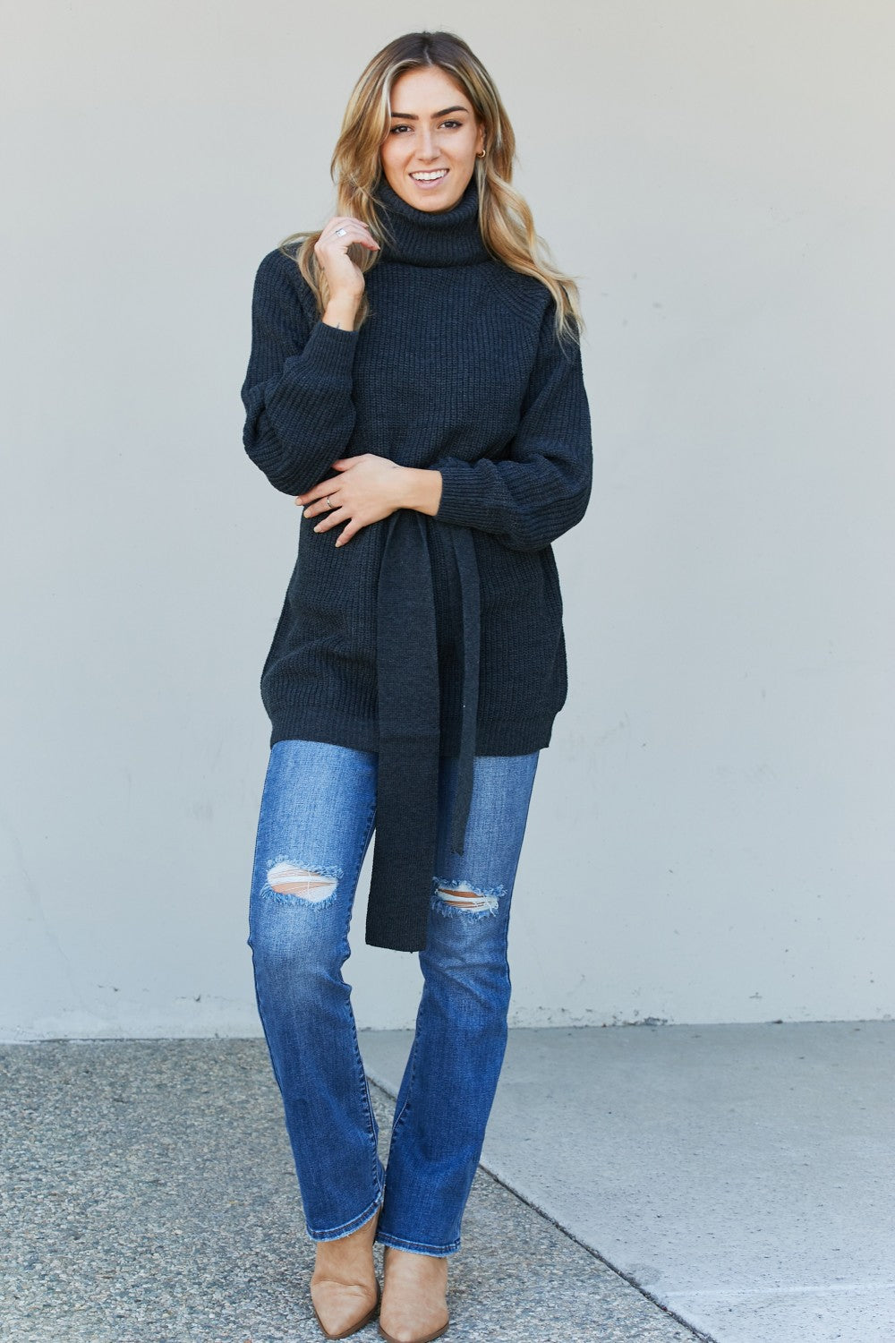 Zenana Turtleneck Raglan Sleeve Belted Tunic Sweater
