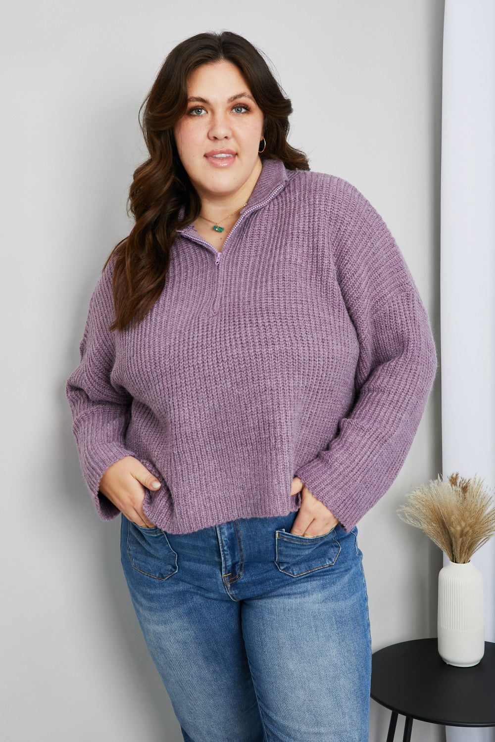 Sew In Love Full Size Quarter-Zip Collared Drop Shoulder Sweater
