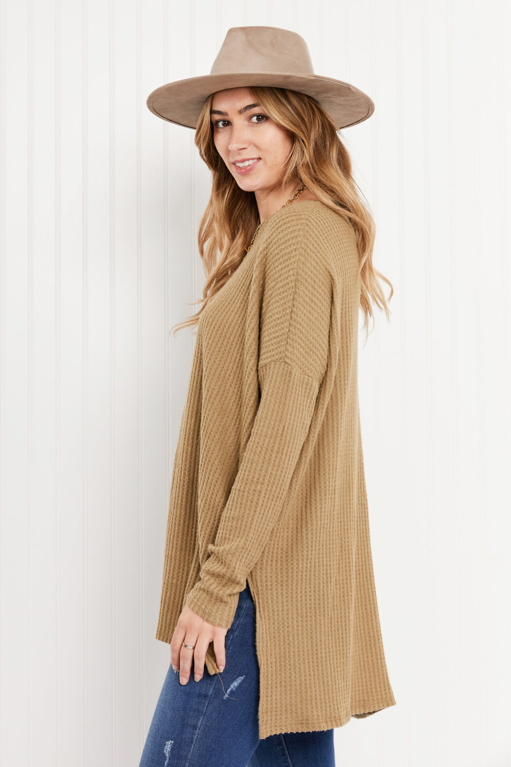 Zenana Cottage Escape Full Size Slit Waffle Knit Sweater