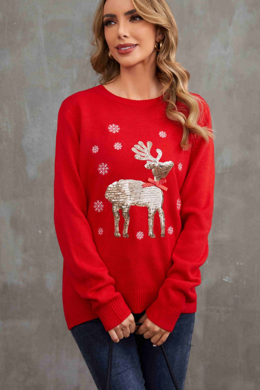 Christmas Sequin Reindeer Graphic Pullover Sweater