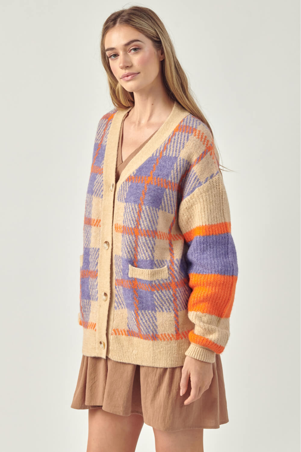 Petal Dew Plaid Button-Up Pocket Cardigan