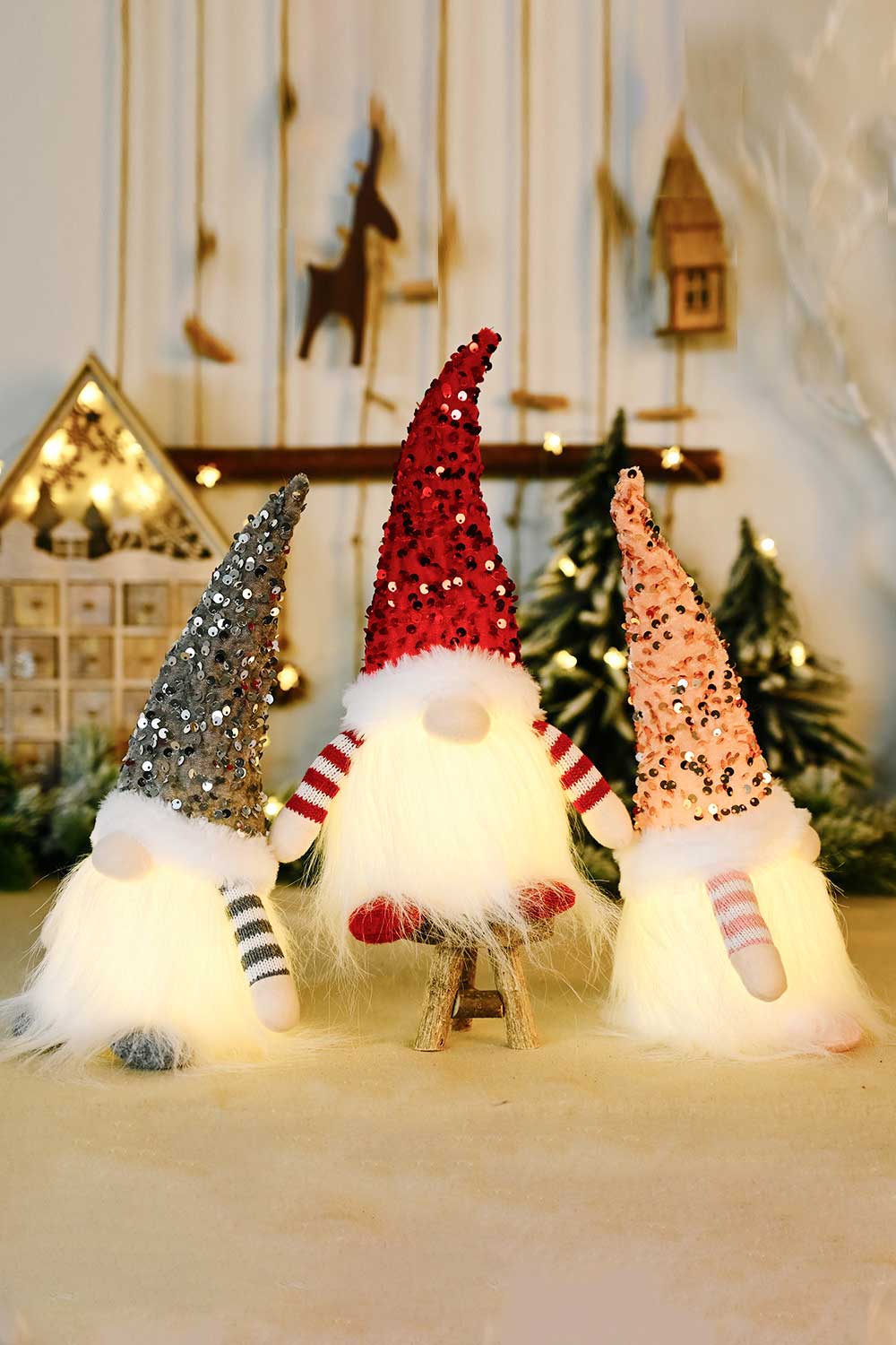 3-Pack Sequined Light-Up Christmas Gnomes