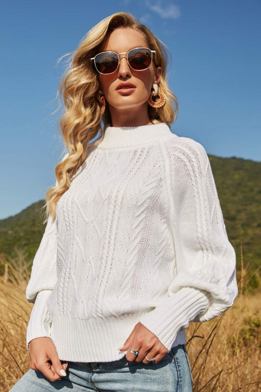Lantern Sleeve Ribbed Trim Crewneck Sweater