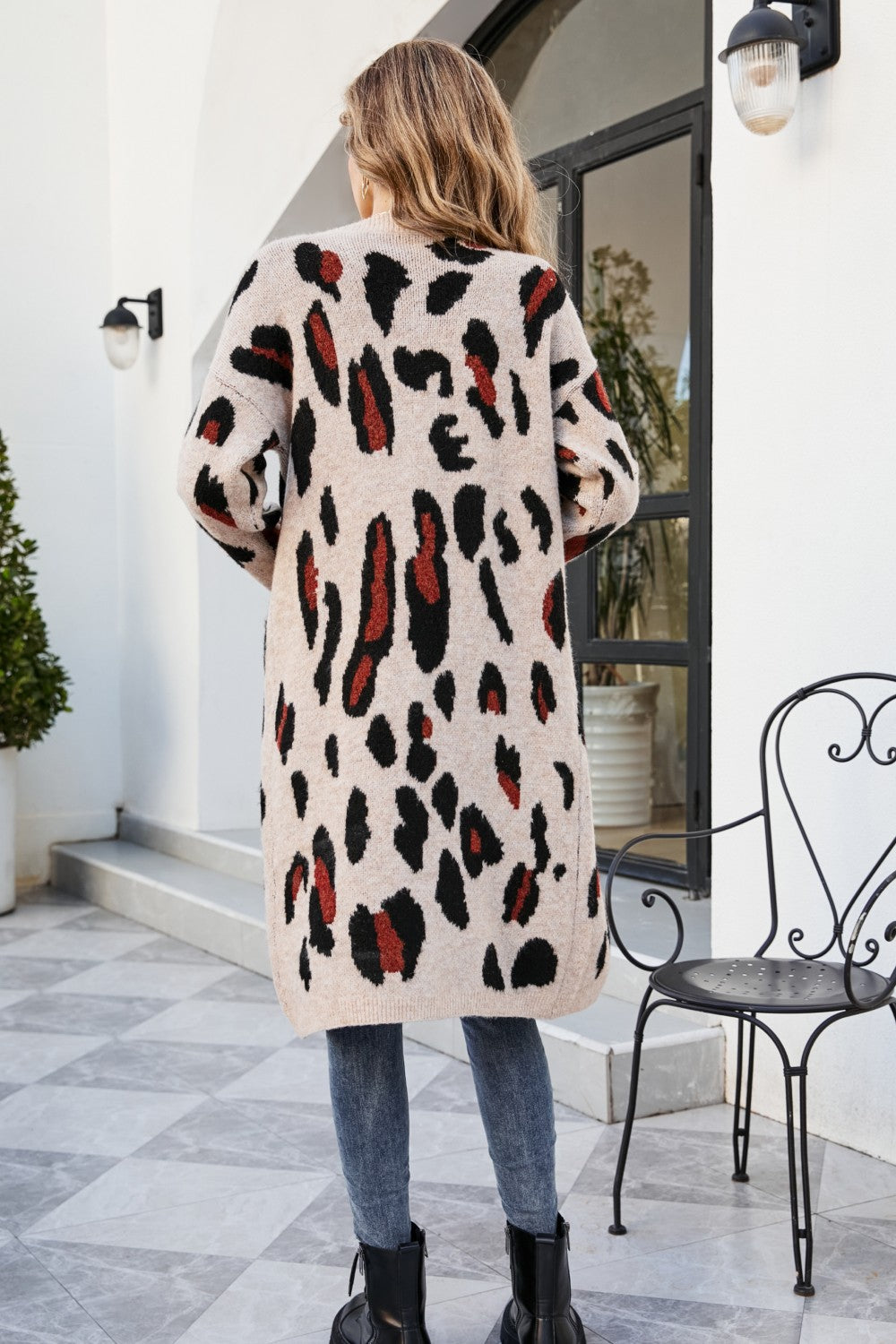 Animal Print Open Front Ribbed Trim Duster Cardigan with Pockets