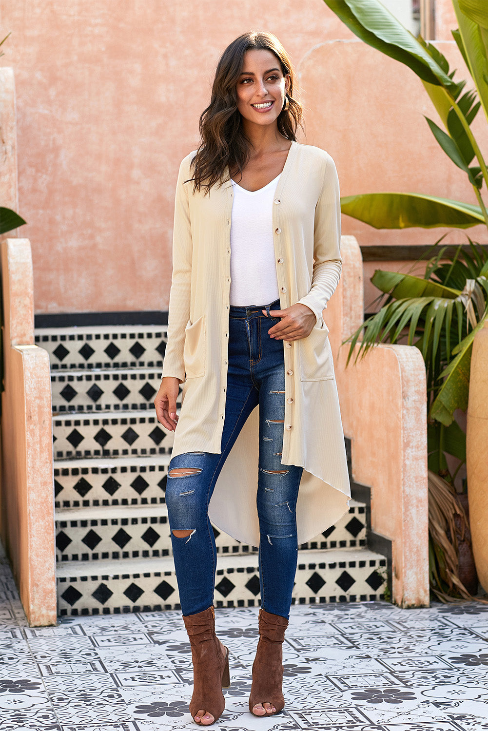 V-Neck High-Low Cardigan with Pockets