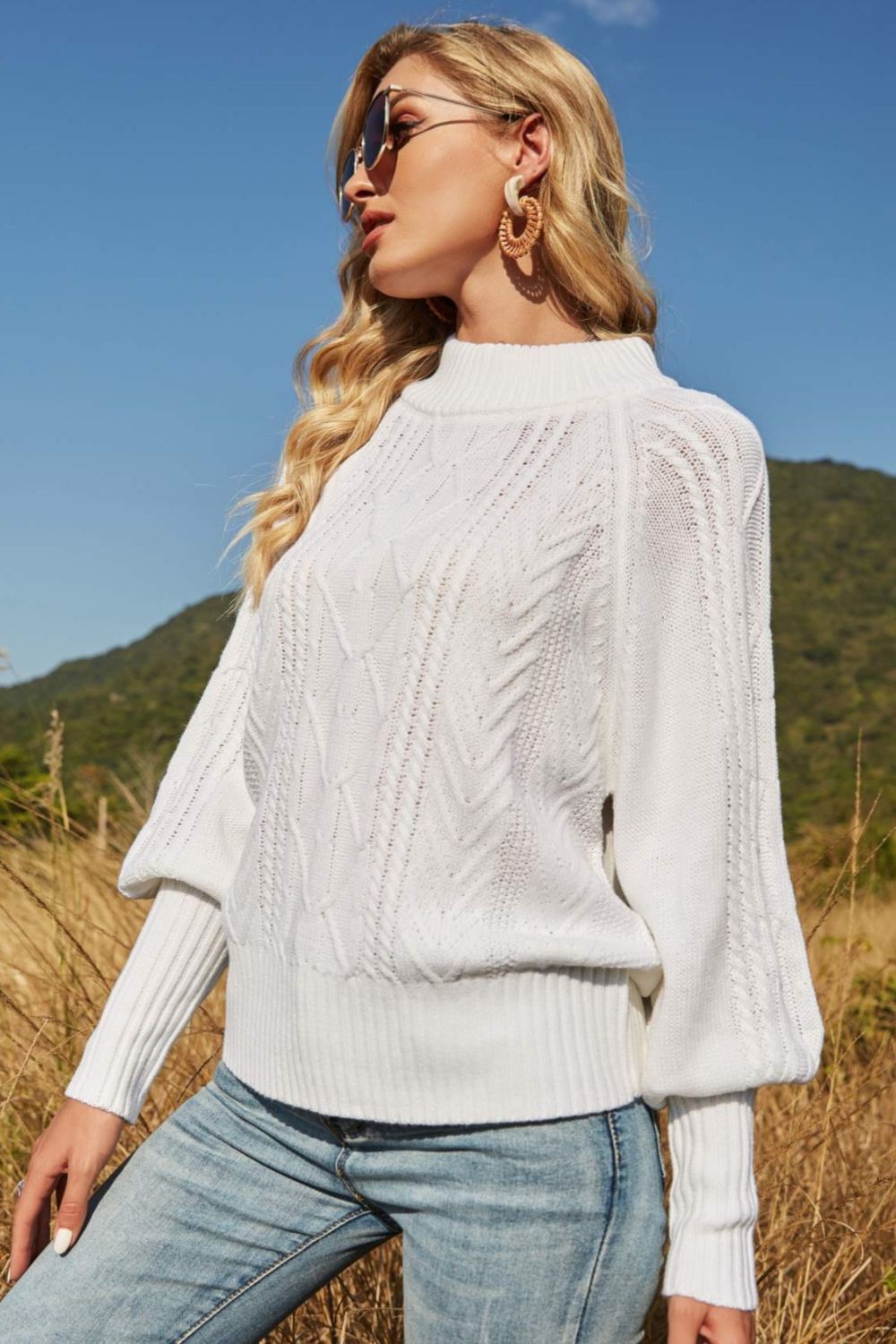 Lantern Sleeve Ribbed Trim Crewneck Sweater