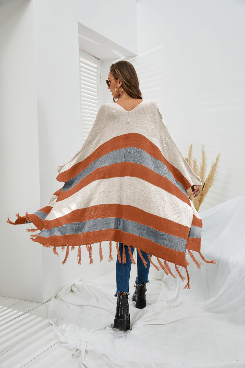Striped Fringe Hem Open Front Longline Cardigan
