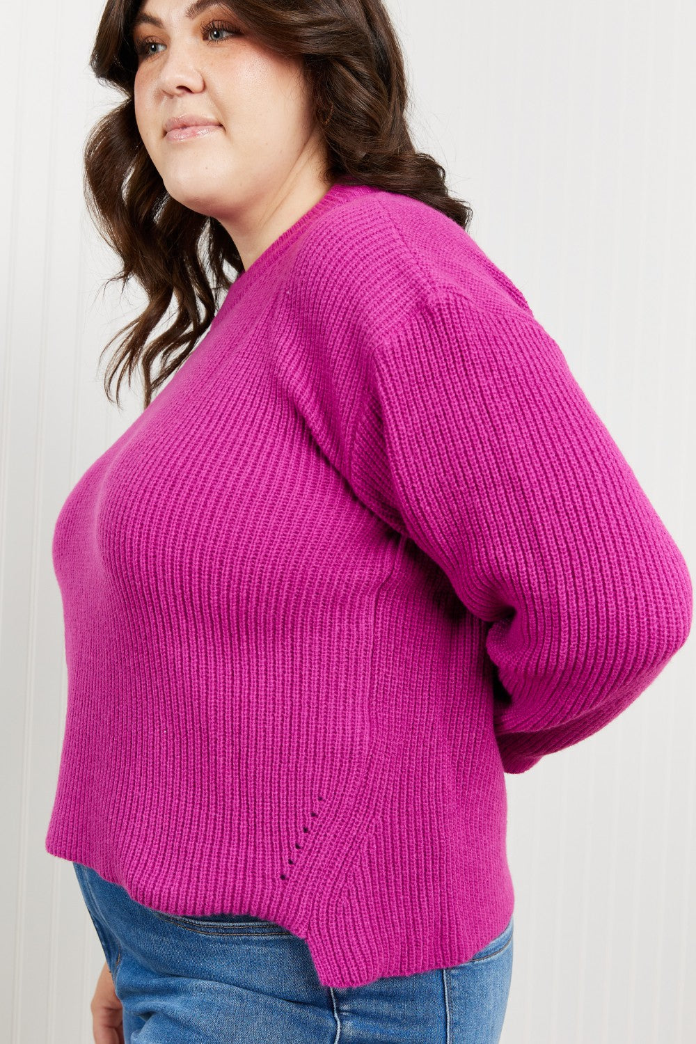 Heimish Losing Track Full Size Hem Detail Rib-Knit Sweater in Magenta