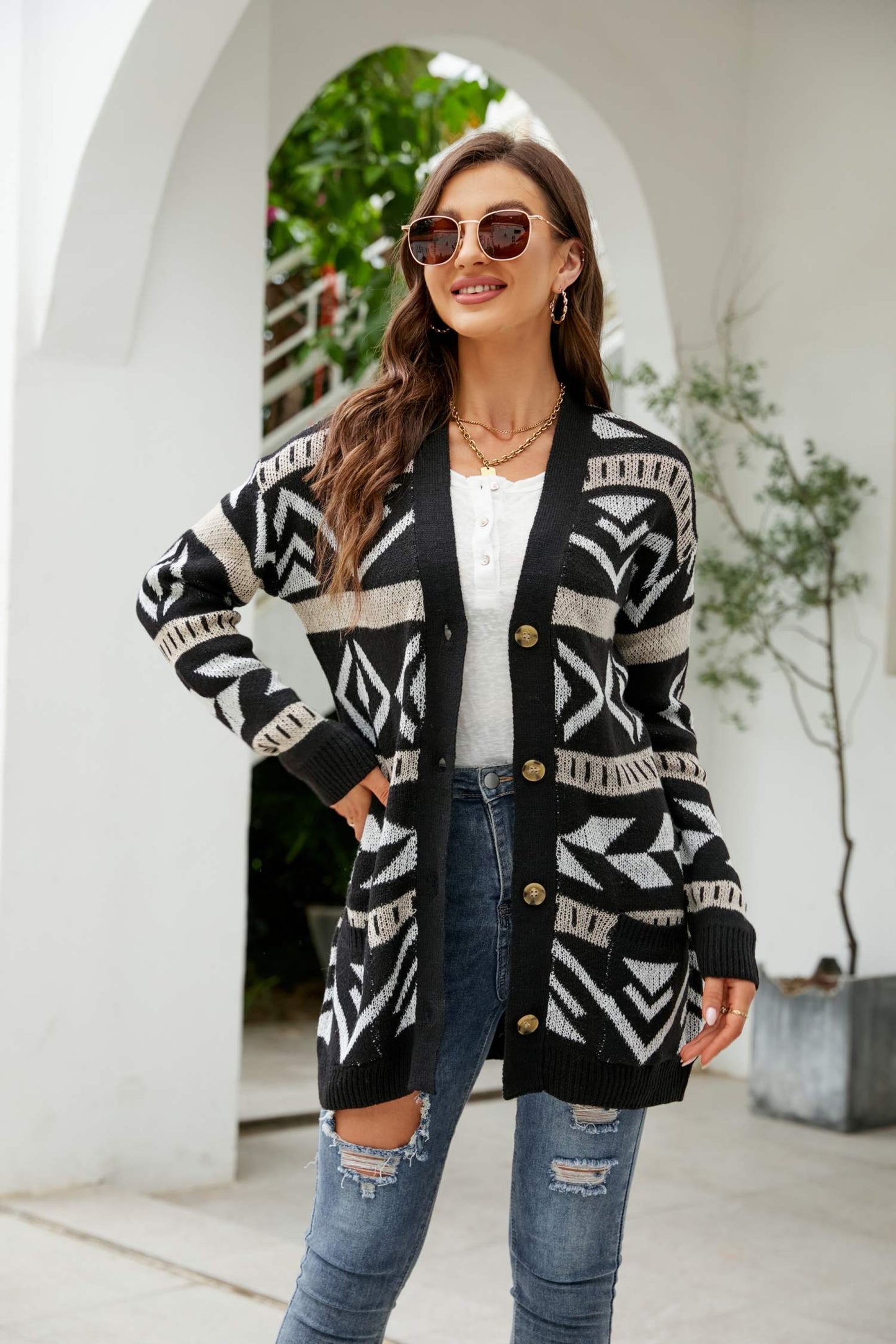 Printed Dropped Shoulder Ribbed Trim Cardigan