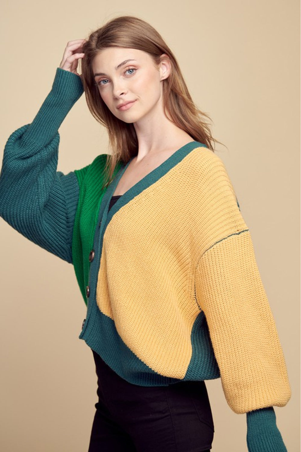Petal Dew Color Block Ribbed Lantern Sleeve Cardigan