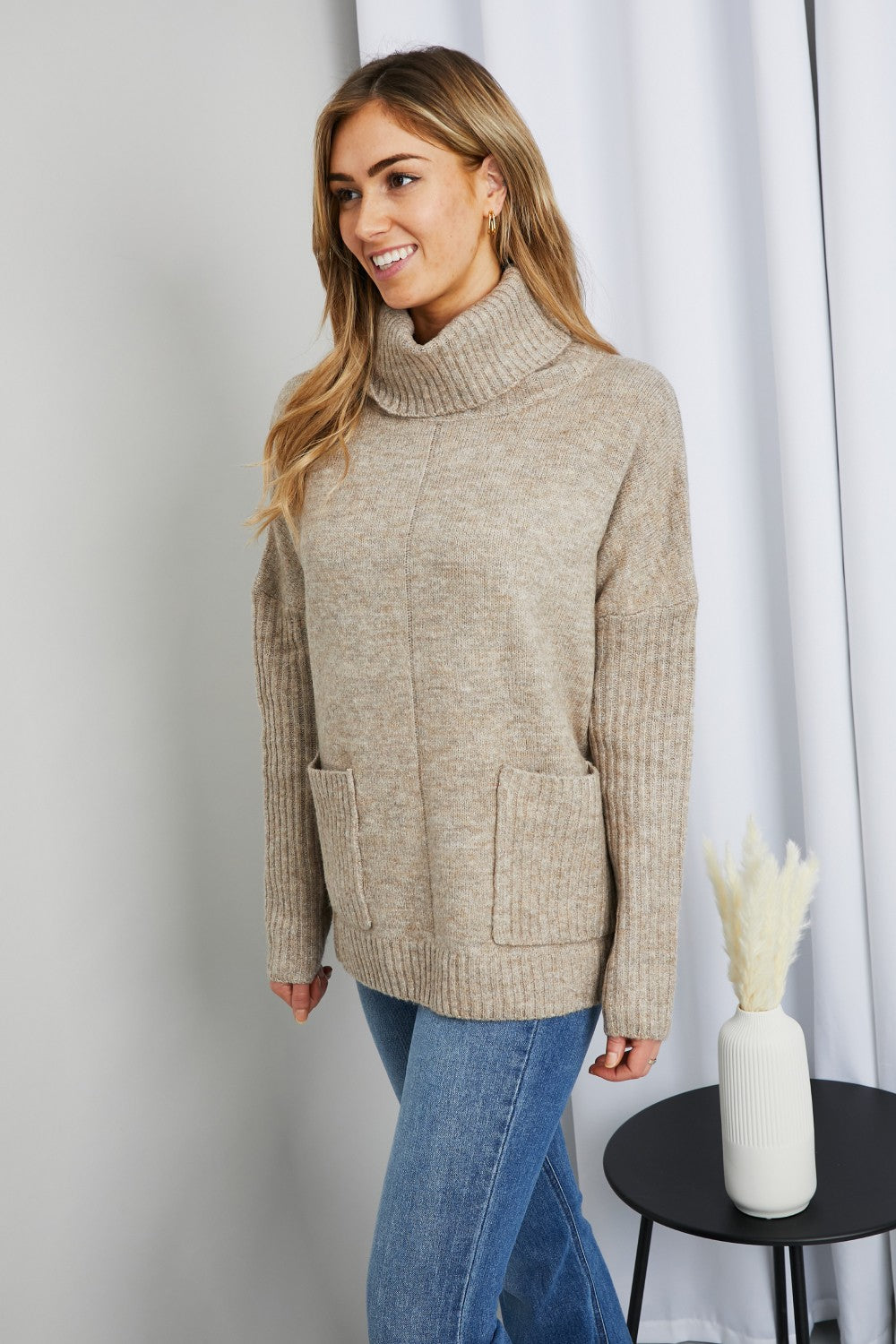 Very J Center Seam Turtleneck Sweater with Pockets